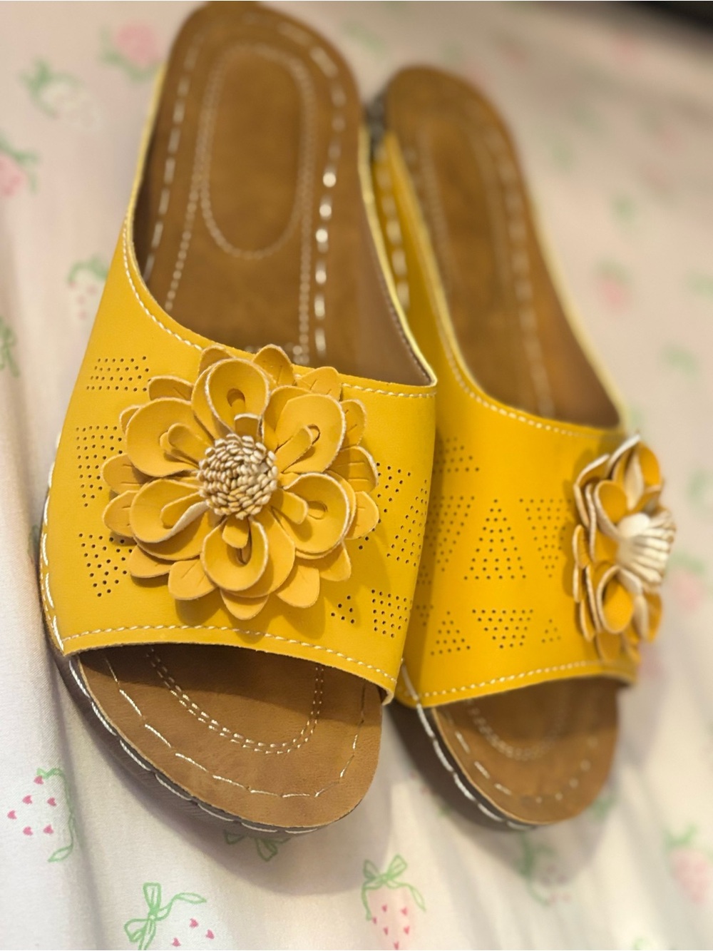 Yellow Floral Slide Sandals - Women's Comfortable Summer Shoes